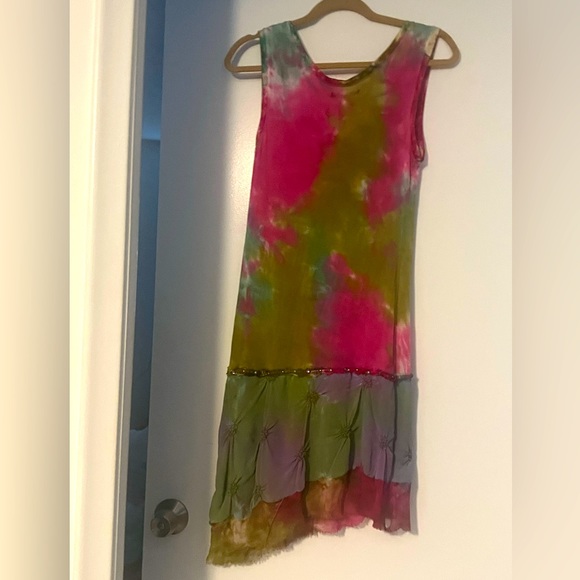 🌹COCO MEZON EUC Stunning Boho Tie Dye Pink/Green Embroidered Beaded Sz S Dress! - Picture 7 of 10